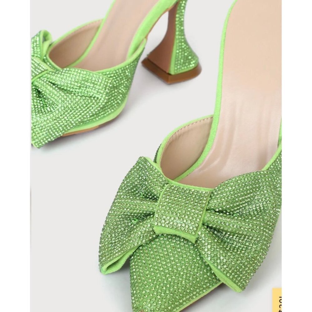 Lulus Shoes Women’s 6.5 Lorayne Green Rhinestone Pointed-Toe Mules